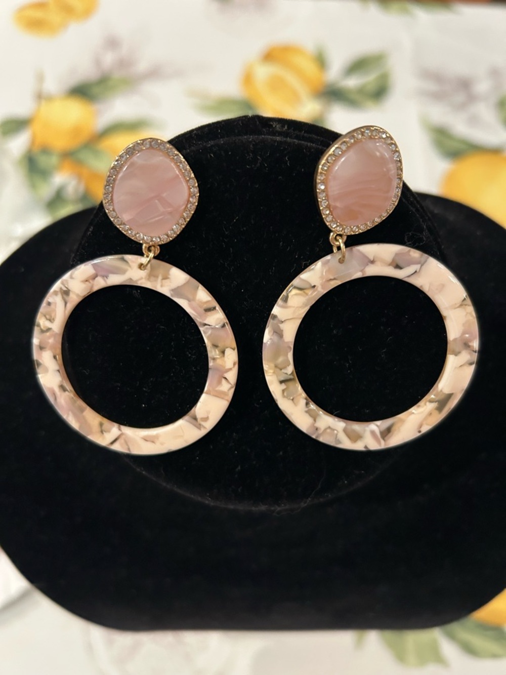 BaubleBar Blush Pink Marbled Hoop Drop Earrings with Gold Accents